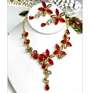 Necklace Earrings Red Gold Clear Matching Jewelry Set N20